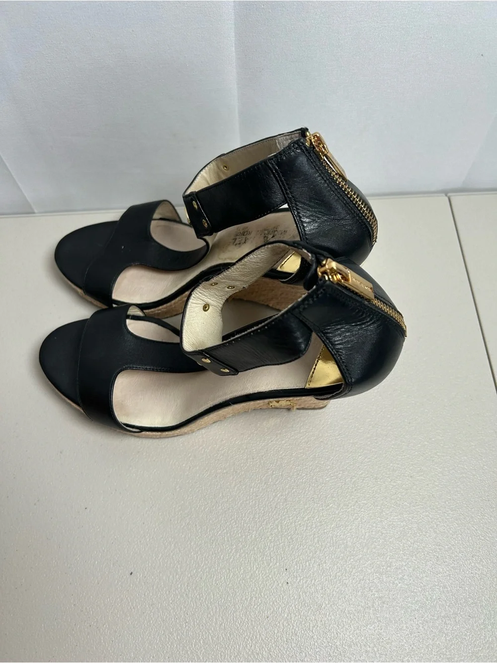 Michael Kors Black Leather Wedge Sandals with Gold Accent In 9M